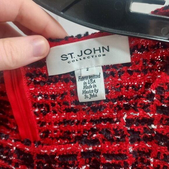 St. John Red Black Silver Short Sleeve Tweed Dress - Picture 3 of 9